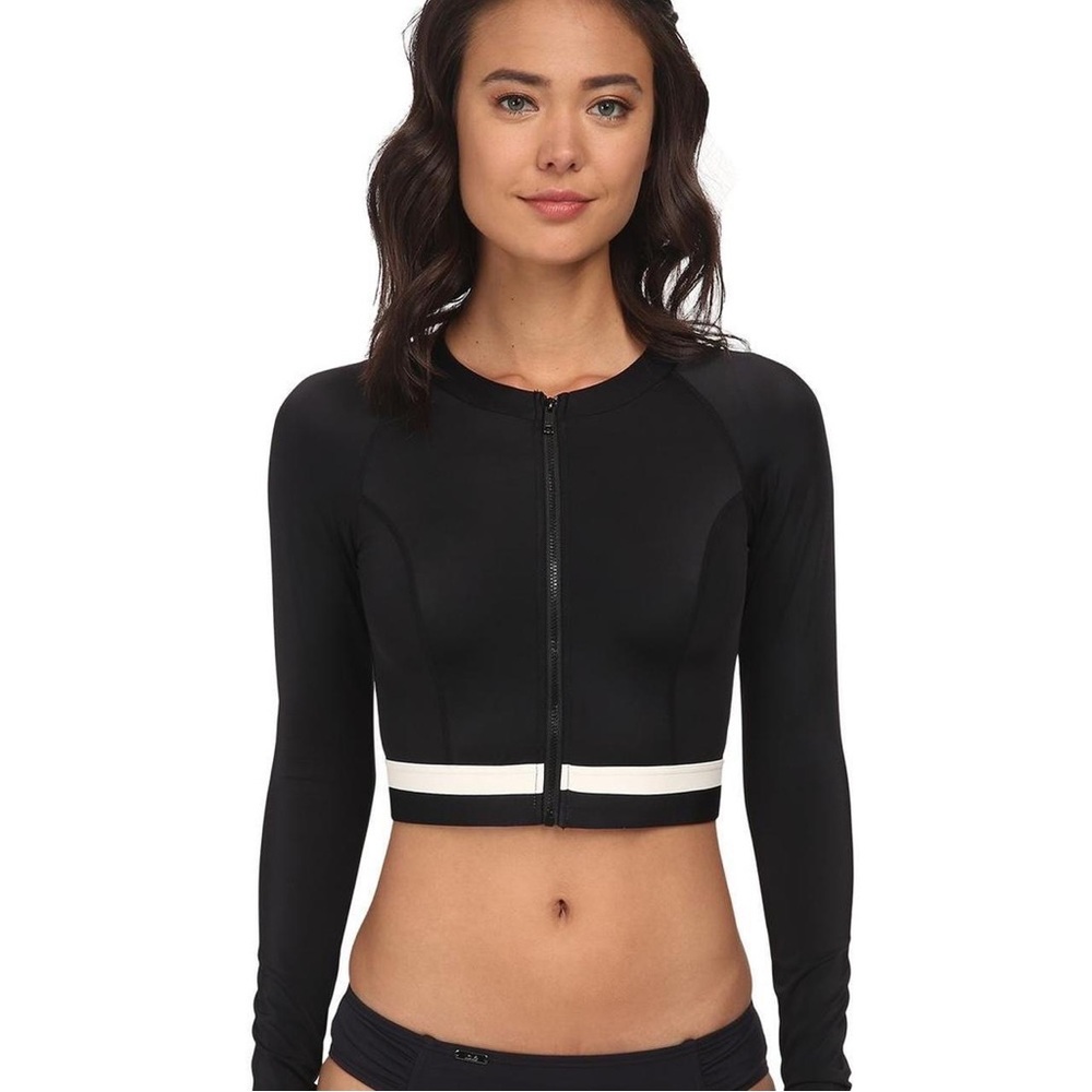 DKNY Women's Black Crop Rashguard W/ Zipper Front Cover-up